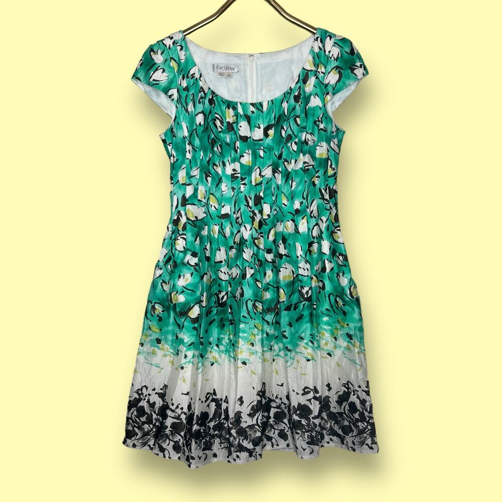 Kay Unger Floral Fit Flare Dress Green Silk Cotton Cocktail Size 12 Party Summer